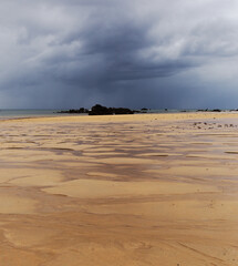 Cantabria, beach Trengandin in Town of Noja, with karst formations revealed by a low tide 