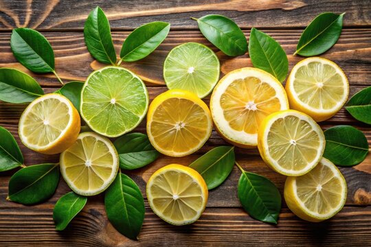 Zesty Zest Of Yellow Lemon And Juicy Lime Slices With Green Leaves On A Wooden Background
