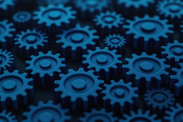 Close-up of multiple blue gears interlocking, symbolizing teamwork, mechanical engineering, and industrial processes in a futuristic style.