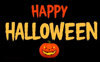 Orange pumpkin and yellow text on black background, Happy Halloween greeting for spooky celebration. 
