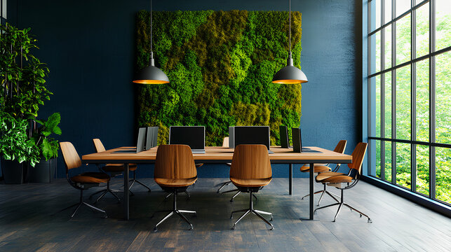 Modern coworking space with laptops, natural lighting, and green wall decor