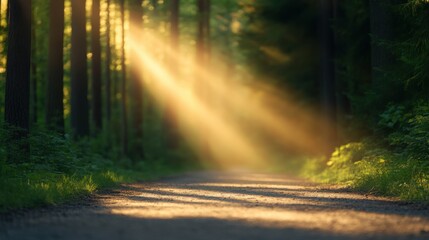 Obraz premium Radiant Golden Hour Sunbeams in a Forest: Golden hour sunbeams illuminate a quiet forest path, offering a peaceful and inspiring landscape
