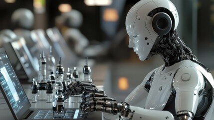 Fototapeta premium White humanoid robot sitting at a computer, looking at a screen.