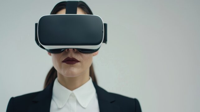 A businesswoman in formal attire wearing a virtual reality headset, exploring immersive technology in a corporate or professional context. - Powered by Adobe