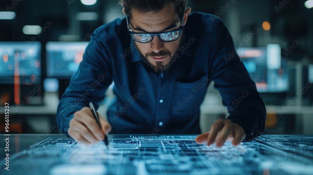 Poster engineer working on a sustainable prototype in a high-tech lab, eco-friendly materials and digital b