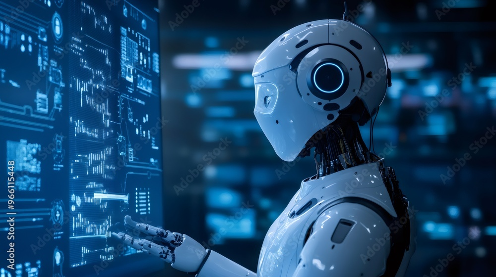 Poster white humanoid robot with glowing blue eye interacts with a digital screen displaying a blue glowing