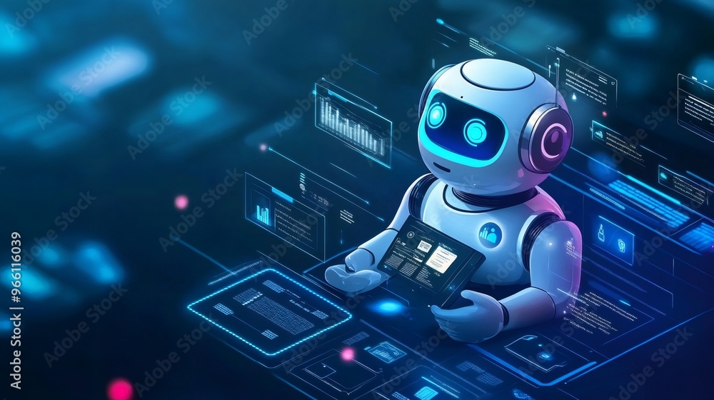Poster white robot holding a digital tablet with glowing screen, sitting on a futuristic interface with cha