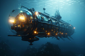 Obraz premium Beautiful large bathyscaphe floating in middle of ocean during exploration