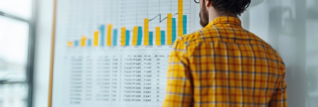 A man in a yellow plaid shirt analyzing financial charts and graphs on a whiteboard in an office setting, focusing on data trends.