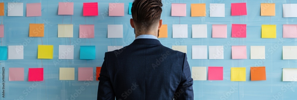 Aufkleber a businessman in a suit standing in front of a wall covered with colorful sticky notes, analyzing an