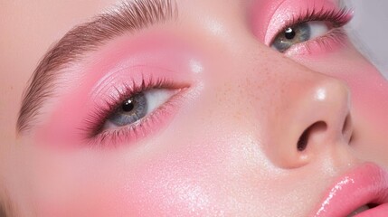 Fototapeta premium Describe how the balanced use of pink tones in the makeup look can inspire a monochromatic beauty routine that focuses on harmony and coordination