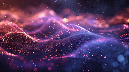 Vibrant wave abstract digital landscape with flowing neon lines and dots on a dark backdrop. Futuristic wave patterns for technology, science or communication background concept