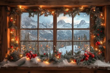 A cozy winter scene seen through a decorated window, featuring snowy mountains and festive holiday...