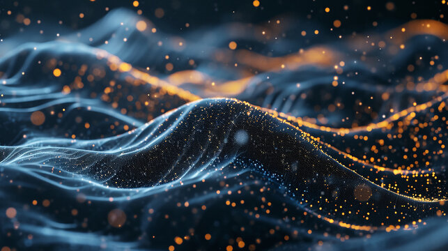 Vibrant wave abstract digital landscape with flowing neon lines and dots on a dark backdrop. Futuristic wave patterns for technology, science or communication background concept