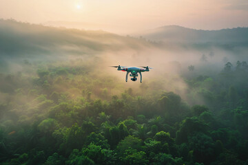 Fototapeta premium Drone flying in the sky over nature during observation
