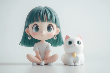 Fototapeta premium A cute cartoon girl sits happily next to her adorable white cat, showcasing a playful and cheerful companionship in a whimsical style.