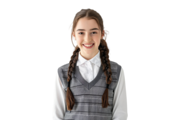 Portrait of a smiling girl dressed in her school uniform, ready for a new academic year, isolated on a transparent png background.