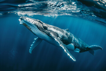 Naklejka premium Fantastically beautiful majestic huge whale in ocean