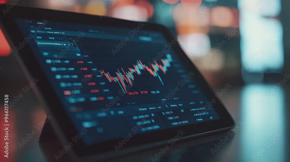 Poster a close-up of a tablet displaying a financial chart with data analysis and stock trends.