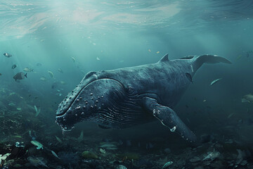 Fototapeta premium Fantastically beautiful majestic huge whale in ocean