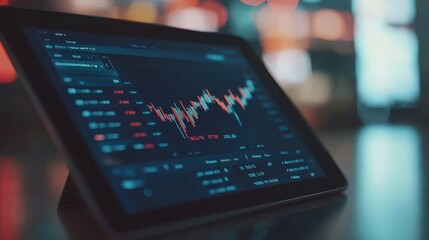 A close-up of a tablet displaying a financial chart with data analysis and stock trends.