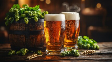 Oktoberfest beer barrel and beer glasses with wheat and hops on wooden table