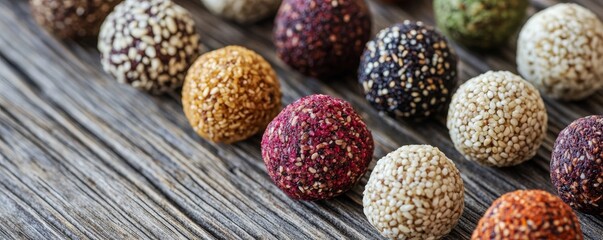 assorted colorful truffles on rustic wooden surface, gourmet dessert and snack concept