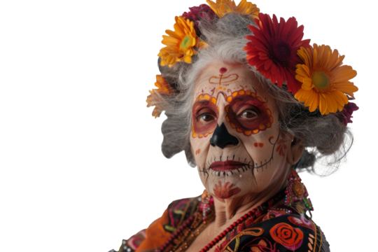 Portrait of old women with scary face smiling and looking at camera isolated on transparent png background. - Powered by Adobe