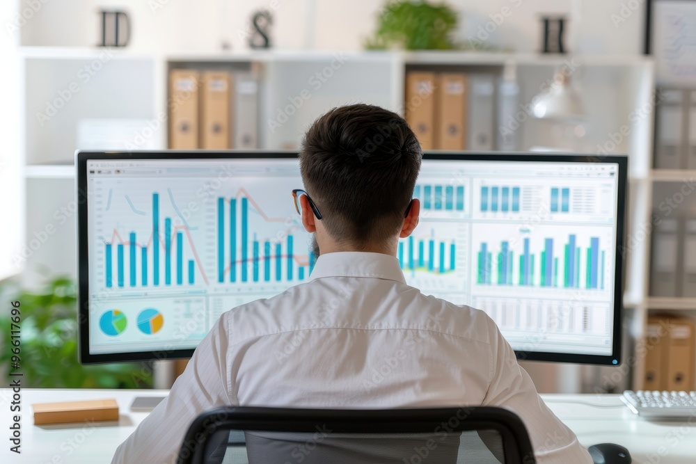 Poster rear view of a male analyst with glasses analyzing financial charts and graphs on two computer scree