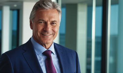 Naklejka premium A man in a blue suit and purple tie smiles in front of a glass office building