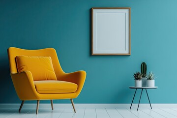Room with a bright yellow armchair against an aqua blue wall, with a small side table and a plant.
