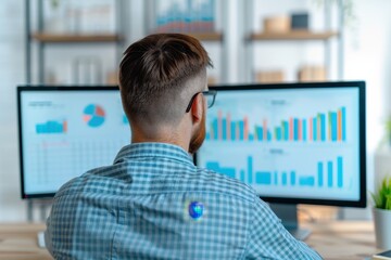 Rear view of a male analyst with glasses analyzing financial charts and graphs on two computer screens in a contemporary office.