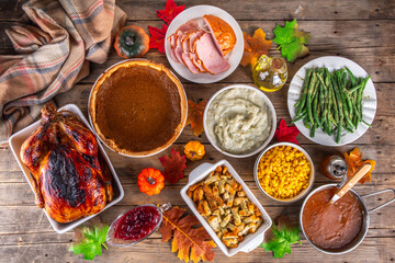 Thanksgiving dinner or lunch foods table