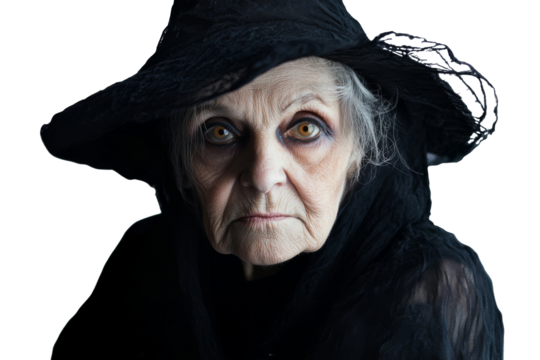 portrait of an elderly woman with a scary smile on her face, gazing into the camera, isolated on a transparent png background