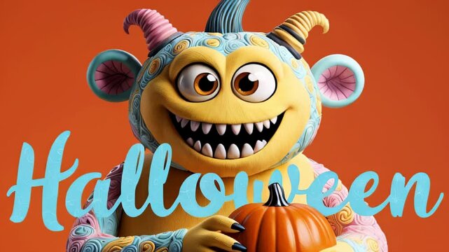 Cute cartoon monster holding a pumpkin on orange background with text 'Halloween". AI generated
