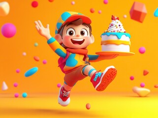 Fototapeta premium A joyful child with a birthday cake, celebrating with vibrant colors and fun elements, perfect for festive themes.