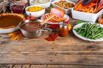 Thanksgiving dinner or lunch foods table