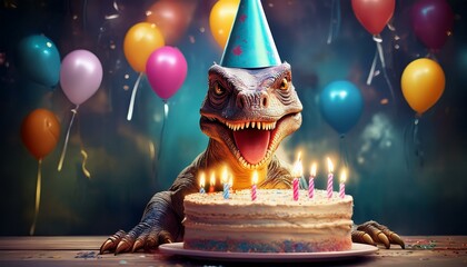 Dinosaur Wearing Party Hat Blowing Out Birthday Cake Candles in Festive Setting, Colorful and Playful Theme