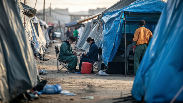 medical aid workers in tents caring for earthquake survivors