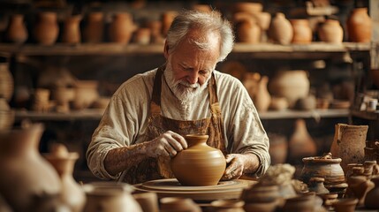 Elderly potter shaping clay pot in workshop with focus and concentration