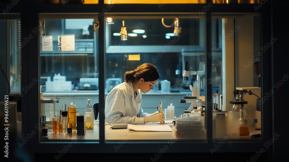 Poster scientist conducting research in a laboratory setting during evening hours with various instruments 