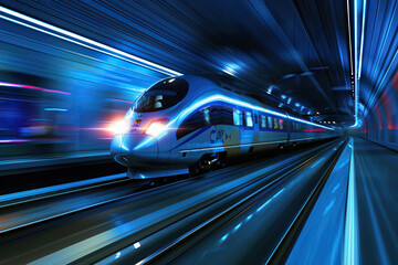 Fototapeta premium Modern high-speed train in fast motion passes through railway stations on blurred background