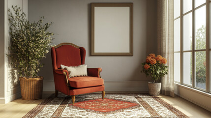 A cozy living room with a blank space for a poster, a comfy red armchair, and stylish decorations like a patterned rug and flowers. Perfect for adding your own personal touch.