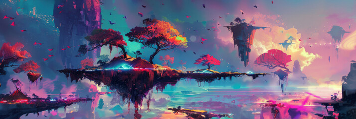 A bizarre, ethereal landscape where neon-colored trees grow on floating islands, offering a strikingly surreal and mystical vision that blends nature with abstract art, unusualness explosion