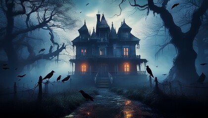 Eerie Haunted House with Crows in Spooky Foggy Night Atmosphere, Mysterious Abandoned Mansion with Ghostly Lights and Dark Creepy Trees, Perfect for Horror and Halloween Themes