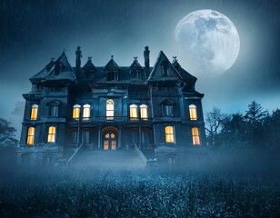 Eerie Haunted Mansion in Spooky Moonlit Night with Glowing Windows and Misty Atmosphere During Rainfall