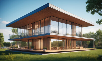 Fototapeta premium A modern, two-story home with large windows and a wooden deck sits on a grassy lawn