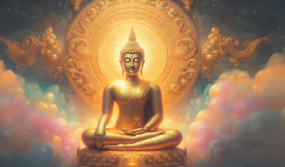 The golden Buddha statue is bright and luminous, creating a sense of elegance and sacredness. to Prom
