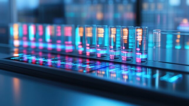 DNA sequencing machine at work in a sterile lab, glowing with digital data streams random add
