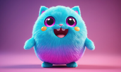 Fototapeta premium A blue and purple furry creature with big eyes smiles in front of a purple background